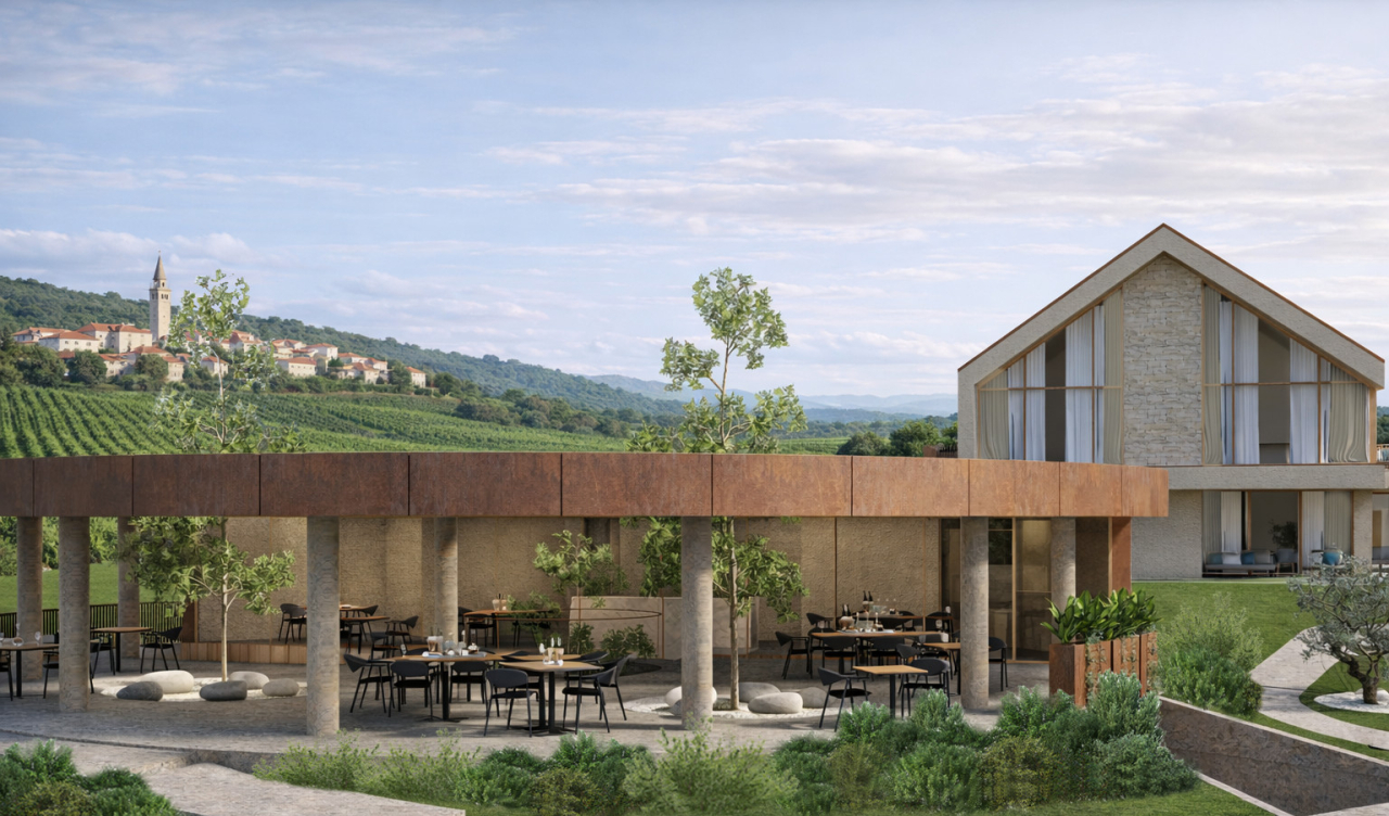 Vizualizacija projekta Hiša LEB v Prvačini – zunanja ureditev in prostor za pokušino vina – Studio AB arhitekti